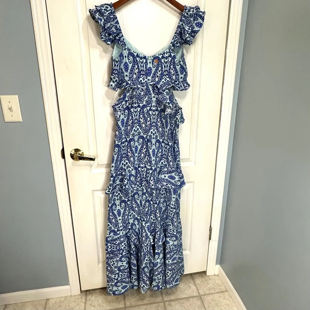 Simply Southern Blue Paisley Cut-Out Tiered Maxi Dress Womens Medium Ruffle Boho
